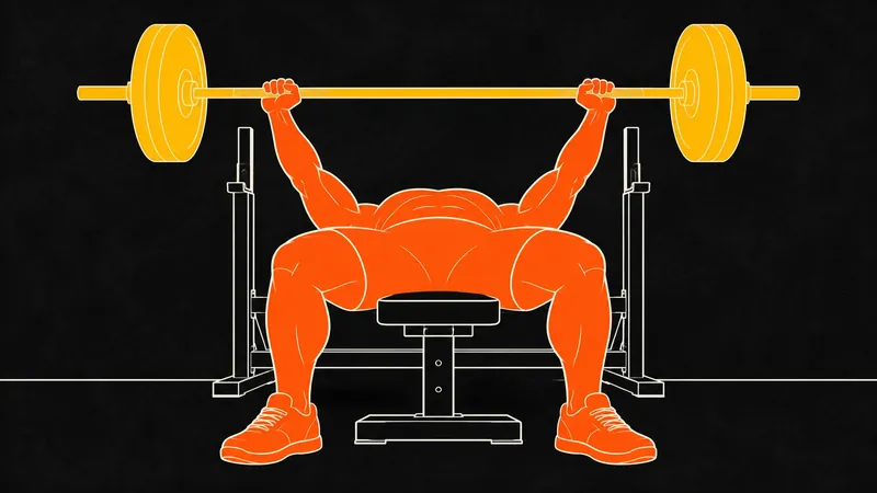 Illustration of a lifter at the top of a barbell bench press, arms locked out with a loaded barbell overhead