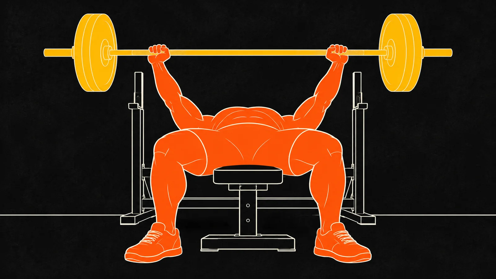 Illustration of a lifter at the top of a barbell bench press, arms locked out with a loaded barbell overhead