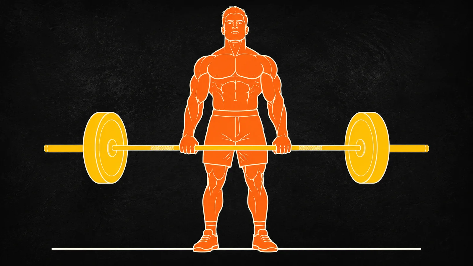 Illustration of a lifter at the top of a barbell deadlift lockout holding a loaded barbell at the thighs