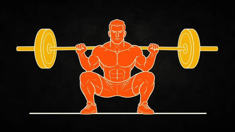 Illustration of a lifter at the bottom of a barbell back squat with a loaded barbell across the shoulders